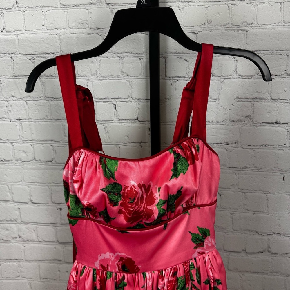Vixen by Micheline Pitt Pink Floral Fit-and-Flare Dress with Red Straps - Picture 8 of 10
